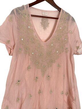 Lula Soul A Line Midi Dress Large L Pink Embroidered Rhinestones Bohemian Gauzy